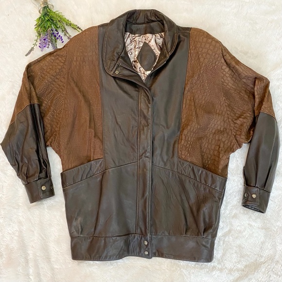 VINTAGE 80s Croc Embossed Brown Leather Jacket - Picture 2 of 8